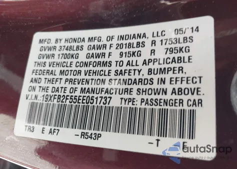 2014 Honda Civic Lx из США, поврежденный, VIN 19XFB2F55EE051737